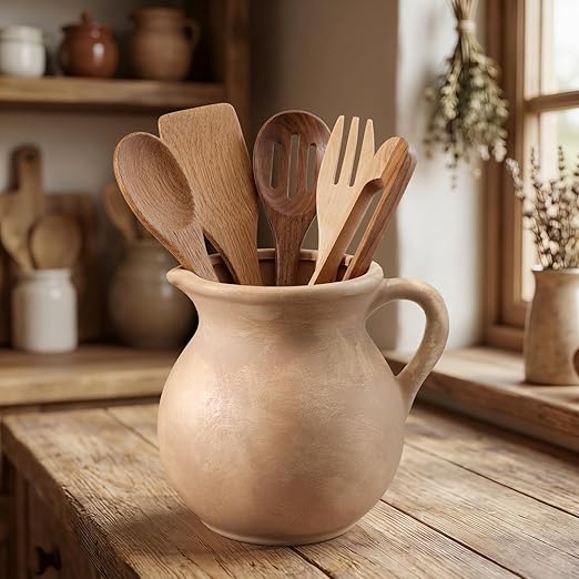 Potchen Rustic Kitchen Utensil Holder with Handle,7.48" H Ceramic Vintage Utensil Crock for Countertop, Farmhouse Kitchen Decoration Ceramic Pot for Spatulas Spoons Tongs(Classic,Antique Beige) - Image 2