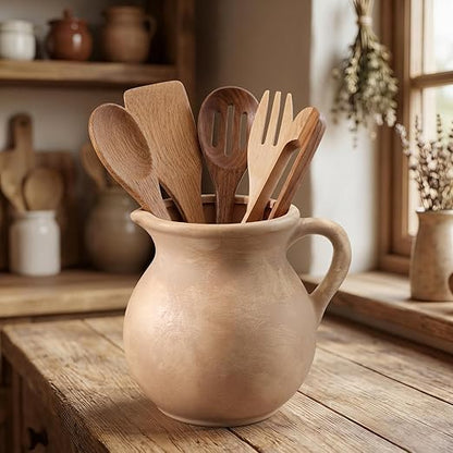 Potchen Rustic Kitchen Utensil Holder with Handle,7.48" H Ceramic Vintage Utensil Crock for Countertop, Farmhouse Kitchen Decoration Ceramic Pot for Spatulas Spoons Tongs(Classic,Antique Beige) - Image 2