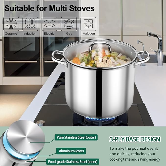 P&P CHEF 20 QT Stock Pot with Lid, Stainless Steel Large Cooking Pot, Soup Canning Stockpot for Stewing Simmering, Tri-ply Bottom for All Stoves, Heavy-Duty &Dishwasher Safe & Food-Grade - Image 5
