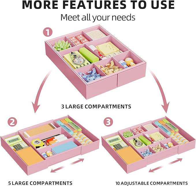 Marbrasse Expandable Desk Drawer Organizer, Clear Plastic Drawer Organizer Tray with 10 Adjustable Compartments, Desk Organizers and Accessories, 5 Drawer Dividers for Office Supplies, Makeup (Pink) - Image 3