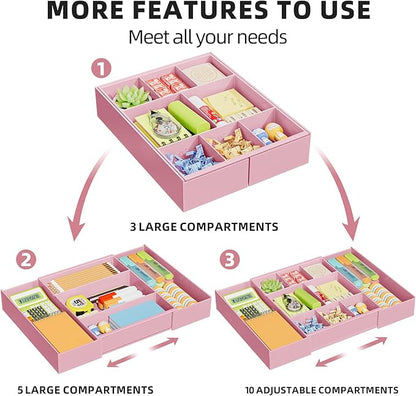 Marbrasse Expandable Desk Drawer Organizer, Clear Plastic Drawer Organizer Tray with 10 Adjustable Compartments, Desk Organizers and Accessories, 5 Drawer Dividers for Office Supplies, Makeup (Pink) - Image 3