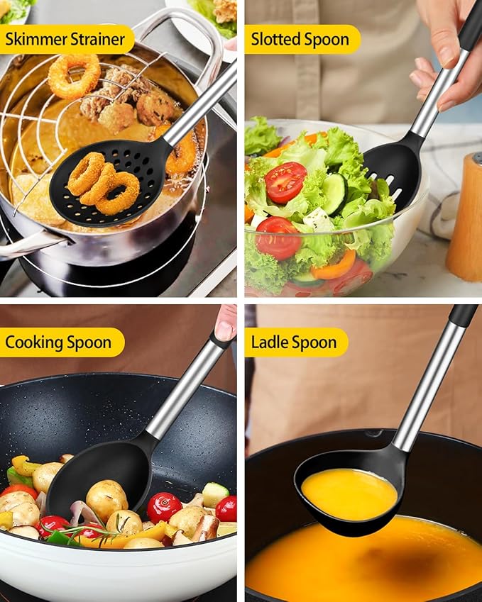 Silicone Cooking Utensil Set, 8Pcs Non-stick Cookware with Stainless Steel Handle, BPA Free Heat Resistant Kitchen Tools with Spatulas, Turners, Spoons, Skimmer and Pasta Fork - Image 4