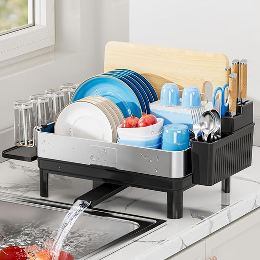 Ewaiira Dish Drying Rack, 304 Stainless Steel Dish Racks for Kitchen Counter, Dish Drainers with Automatic Drainage, Utensil Holder & Cups Holder, Space Saving Kitchen Organizer, Black 16.5''x12.6'' by EwaiiraHomeStorageOrganizer