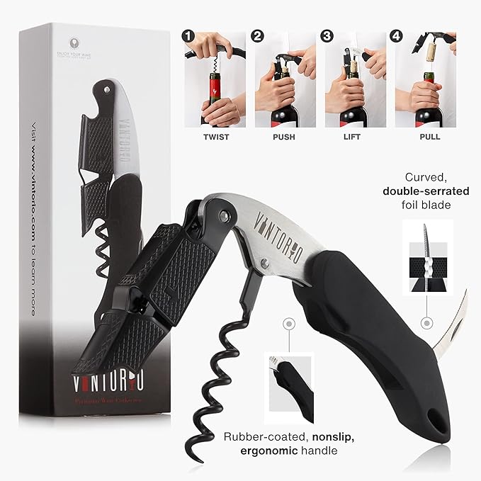Vintorio Professional Waiters Corkscrew - Wine Key with Ergonomic Rubber Grip, Beer Bottle Opener and Foil Cutter (1 Pack) - Image 3
