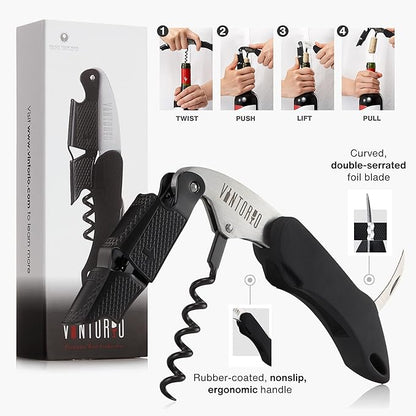 Vintorio Professional Waiters Corkscrew - Wine Key with Ergonomic Rubber Grip, Beer Bottle Opener and Foil Cutter (1 Pack) - Image 3