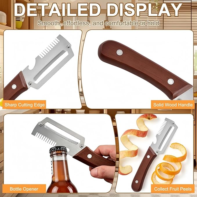 2PCS Multifunctional Vegetable Peeler, Upgrade 3-in-1 Wooden Handle Peelers with Bottle Opener, Premium Stainless Steel Peeler, Fruit Knife for Welsh Onion, Potato, Carrot, Apple, Pumpkin with a Brush - Image 4