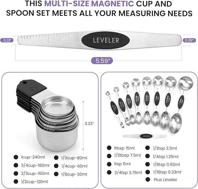 Magnetic Measuring Cups and Spoons Set-Heavy Duty 304 Stainless Steel，Double Measurement Markings，Set of 16 with Leveler for Measure Dry and Liquid Ingredients (Black) - Image 6