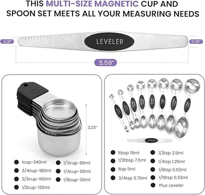Magnetic Measuring Cups and Spoons Set-Heavy Duty 304 Stainless Steel，Double Measurement Markings，Set of 16 with Leveler for Measure Dry and Liquid Ingredients (Black) - Image 6