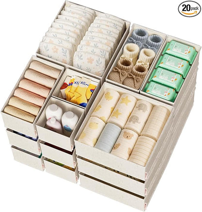 Cotton Linen Drawer Organizers for Baby Clothes, 20Pack Multi-Size Nursery Dresser Dividers for Clothes, Premium Foldable Storage Bins for Bedroom, Closet and Diaper Table, Beige by ZenStorage