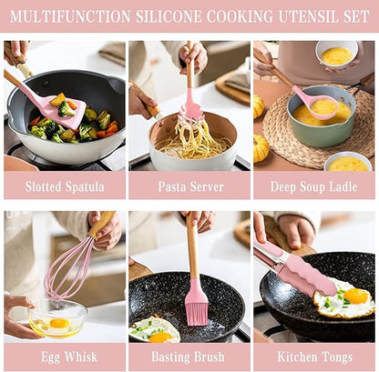 Umite Chef Silicone Kitchen Utensils Set, 33 Piece Non-Stick Kitchen Utensils with Stand, Wooden Handle, Pink - Image 5