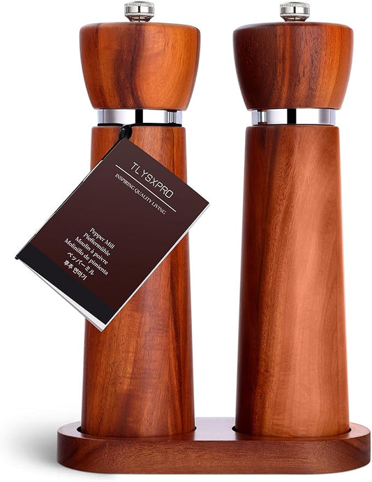 TLYSXPRO Wooden Salt and Pepper Grinder Set – Refillable Salt and Pepper Mill with Adjustable Upgraded Large Size Ceramic Burr – Manual Pepper Grinder with Acacia Wood Body – 8.3” Tall