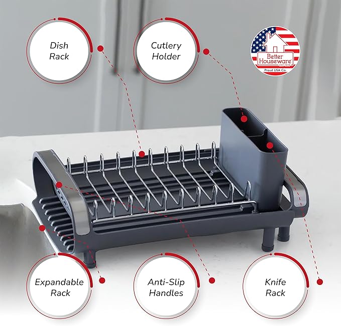 Better Houseware in Sink Dish Drying Rack, Dish Drying Rack in Sink with Non-Slip Handles, Stainless Steel Space-Saving Design, Dish Rack Holds 8 Plates, 12.25 x 18 x 10.75 Inch, Gray - Image 2