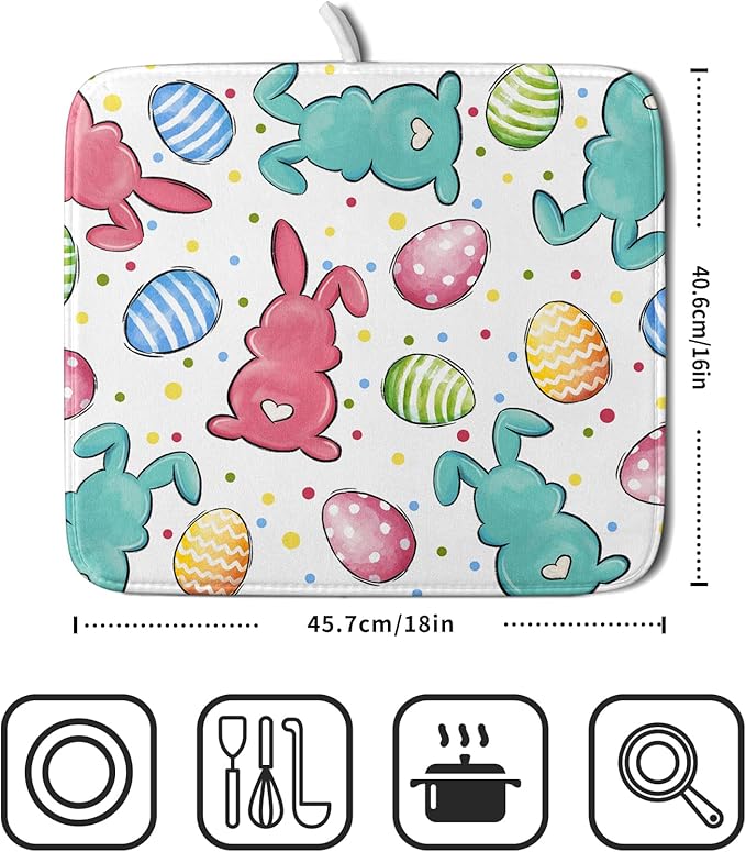 Easter Dish Drying Mat for Kitchen Counter Colorful Bunny Holiday Microfiber Absorbent Dish Draining Reusable Washable Foldable 16"x18" - Image 2