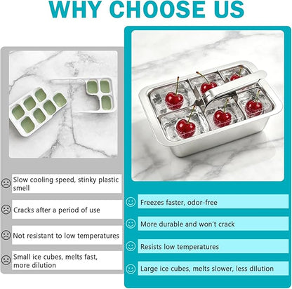 Stainless Steel Ice Cube Tray, Large Ice Cube Trays Mold for Whiskey, Metal Ice Cube Trays for Freezer with Release Lever Remove Handle, Cocktails Whiskey Ice Cubes Mold, Easy Release Large Ice Cubes