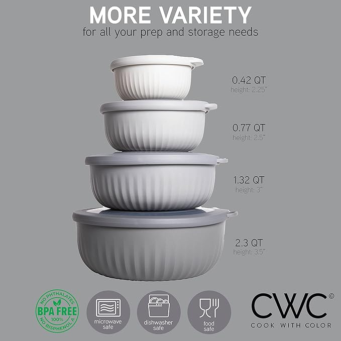 COOK WITH COLOR Prep Bowls with Lids- Wide and Deep Nesting Plastic Small Mixing Bowl Set with Lids, 8 Piece Set - Wide Bowls, Gray - Image 2