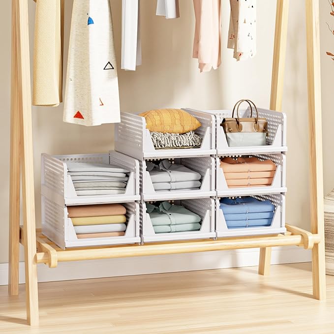 5 Pack Stackable Closet Storage Basket - Stackable Storage Bins, Multifunctional & Foldable Closet Organizer Waterproof, Wardrobe Cupboard Space-Saving Hat Storage Drawer Organizer, White - Image 5
