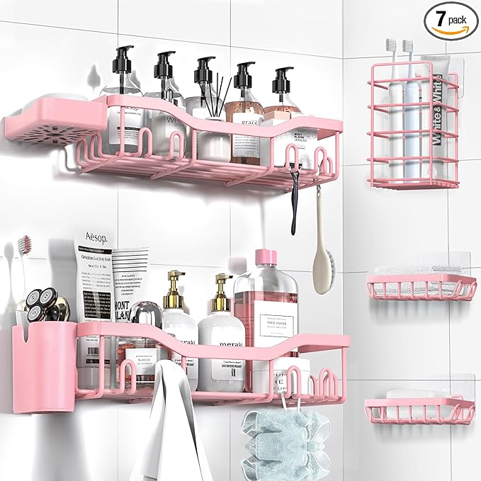 NESOMI Shower Caddy Adhesive Shower Organizer 7-Pack, Rustproof Stainless Steel Bathroom Shelves, Large Capacity No-Drill Rack Storage Accessories with Soap Dish Toothbrush Holder Hooks by OrganizeYourHomeEssentials