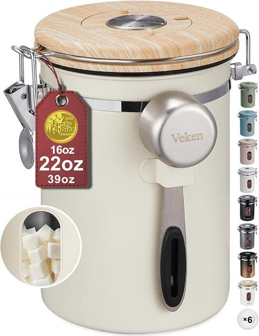Veken Coffee Sugar Canister with Window, Mothers Day Gifts For Women,Airtight Stainless Steel Kitchen Food Storage Container, Date Tracker & Scoop for Grounds Coffee, Beans,Tea,Flour,Cereal,22OZ,Cream by Veken