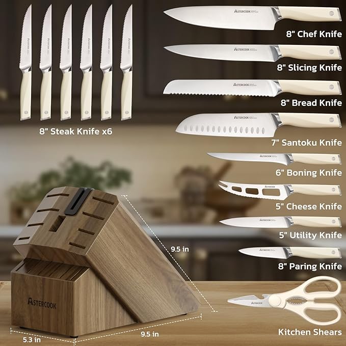 Astercook Knife Set Kitchen with Block and Sharpener Premium Full Tang 17 Pcs German Stainless Steel Knives Dishwasher Safe Kitchen Utensils Set with with and Anti-slip Ergonomic Handle, Cream White - Image 6