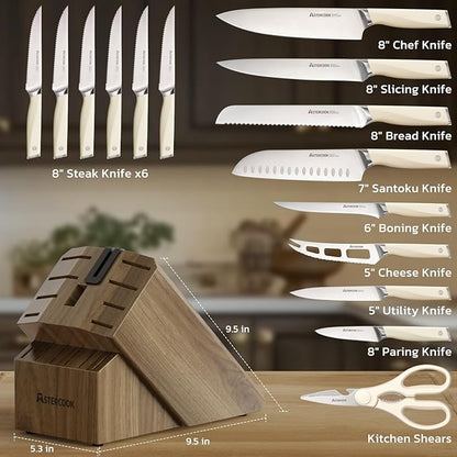 Astercook Knife Set Kitchen with Block and Sharpener Premium Full Tang 17 Pcs German Stainless Steel Knives Dishwasher Safe Kitchen Utensils Set with with and Anti-slip Ergonomic Handle, Cream White - Image 6