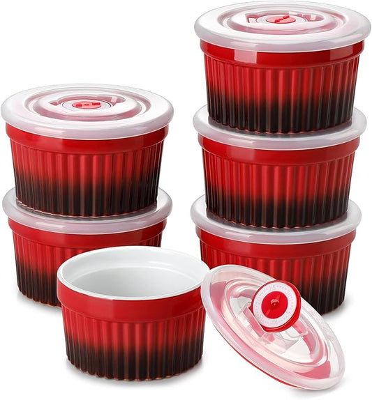 vancasso 6 oz Ramekins with Lid, Porcelain Creme Brulee Souffle Dishes, Red Pudding Custard Cups Ramiken for Baking, Dishwasher and Oven Safe, Set of 6 by vancasso