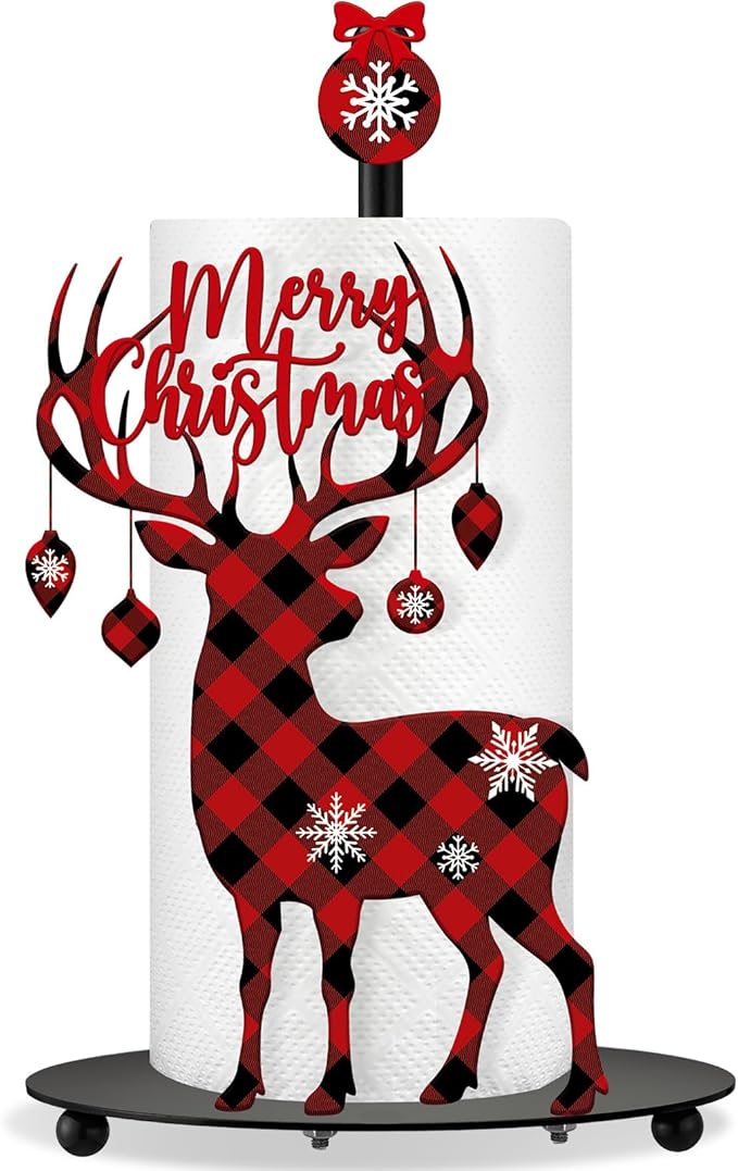 Thyle Christmas Paper Towel Holder with Round Base Reindeer Buffalo Plaid Christmas Bathroom Decor Rustic Elk Family Dispenser Kitchen Paper Holder Stand for Winter Xmas Countertop Home Accessories