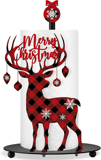 Thyle Christmas Paper Towel Holder with Round Base Reindeer Buffalo Plaid Christmas Bathroom Decor Rustic Elk Family Dispenser Kitchen Paper Holder Stand for Winter Xmas Countertop Home Accessories