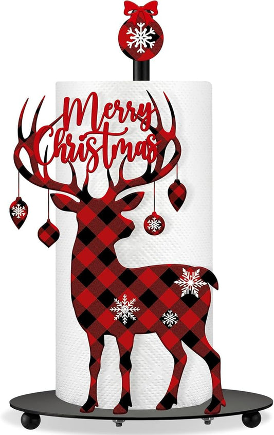 Thyle Christmas Paper Towel Holder with Round Base Reindeer Buffalo Plaid Christmas Bathroom Decor Rustic Elk Family Dispenser Kitchen Paper Holder Stand for Winter Xmas Countertop Home Accessories