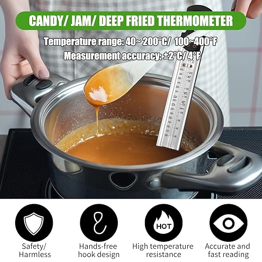 2026 Upgraded Candy Thermometer with Pot Clip and Hanging Hook, Stainless Steel Deep Fry Oil Thermometer Instant Read Cooking Thermometer for Food, Oil/Candy/Fry/Jam/Sugar/Syrup/Jelly Food Thermometer