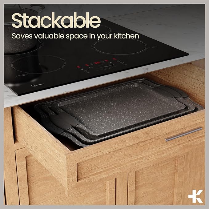 BAKKEN Cookie Sheets for Baking Nonstick Set - 3-Piece Stackable Carbon Steel Baking Sheet Pans Set with Silicone Handles, Non Toxic Cookie Sheets for Baking Bakeware Set - Gray Marble - Image 6
