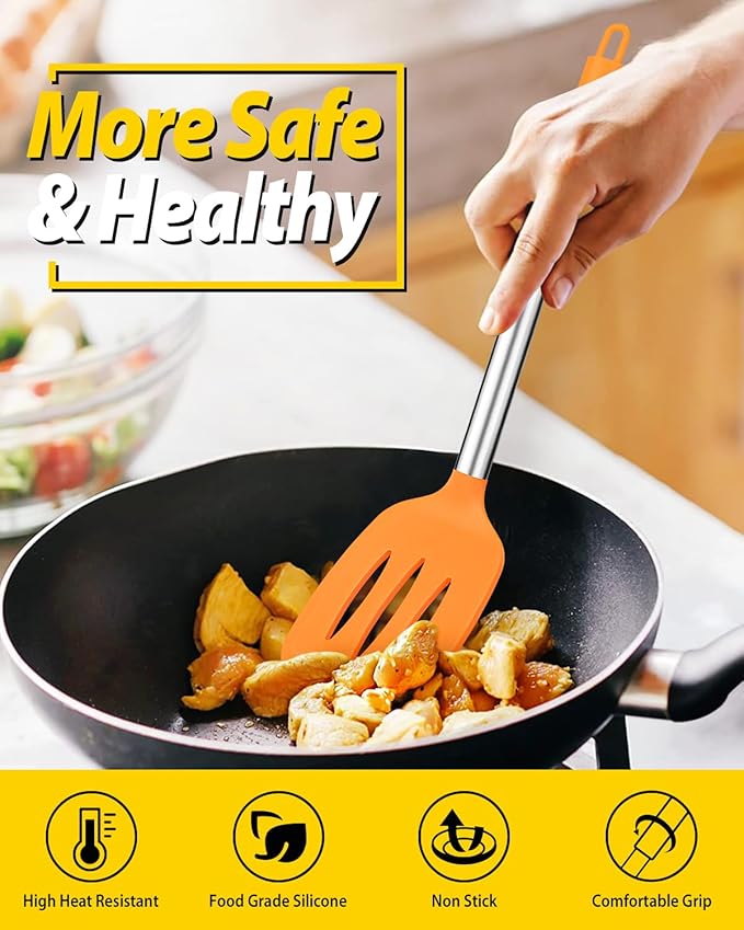 Pack of 2 Silicone Solid Turner, Non Stick Slotted Kitchen Spatulas, High Heat Resistant BPA Free Cooking Utensils, Ideal Cookware for Fish, Eggs, Pancakes (ORANGE) - Image 4