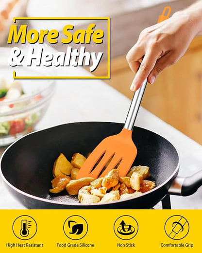 Pack of 2 Silicone Solid Turner, Non Stick Slotted Kitchen Spatulas, High Heat Resistant BPA Free Cooking Utensils, Ideal Cookware for Fish, Eggs, Pancakes (ORANGE) - Image 4