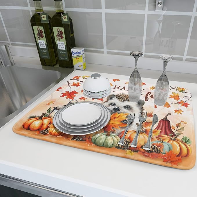 Happy Fall Dish Drying Mat - Large Absorbent Microfiber Drying Pad for Kitchen Counter 18 X 24 in Yellow - Image 6