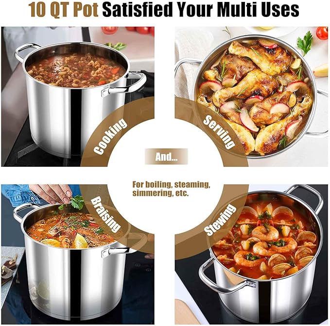 P&P CHEF 10 QT Stock Pot with Lid, Stainless Steel Large Cooking Pot, Soup Canning Stockpot for Stewing Simmering, Tri-ply Bottom for All Stoves, Heavy-Duty &Dishwasher Safe & Food-Grade - Image 7