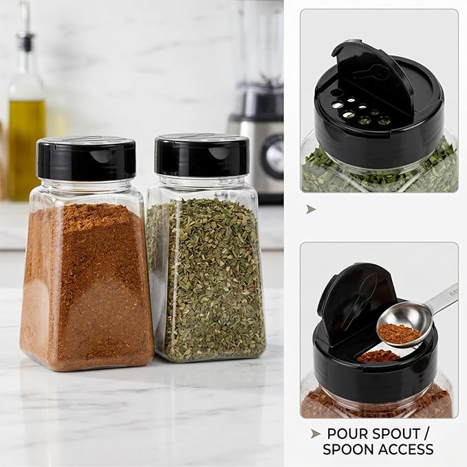 Tebery 24 Pack 9 Oz Plastic Spice Jars with Black Cap, Reusable Seasoning Containers Bottles for Kitchen Organization, Clear Plastic Spice Container with Shaker Lids for Spices Powders Herbs - Image 10
