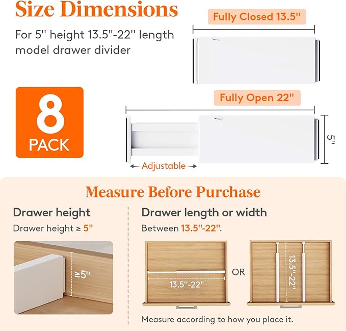 Lifewit 8 Pack 5" High Drawer Dividers 34-56cm/13.5-22" Adjustable Drawer Organizer for Clothes/Utensils, Expandable Drawer Separator in Dresser/Kitchen/Bedroom/Office Organization & Storage White - Image 2
