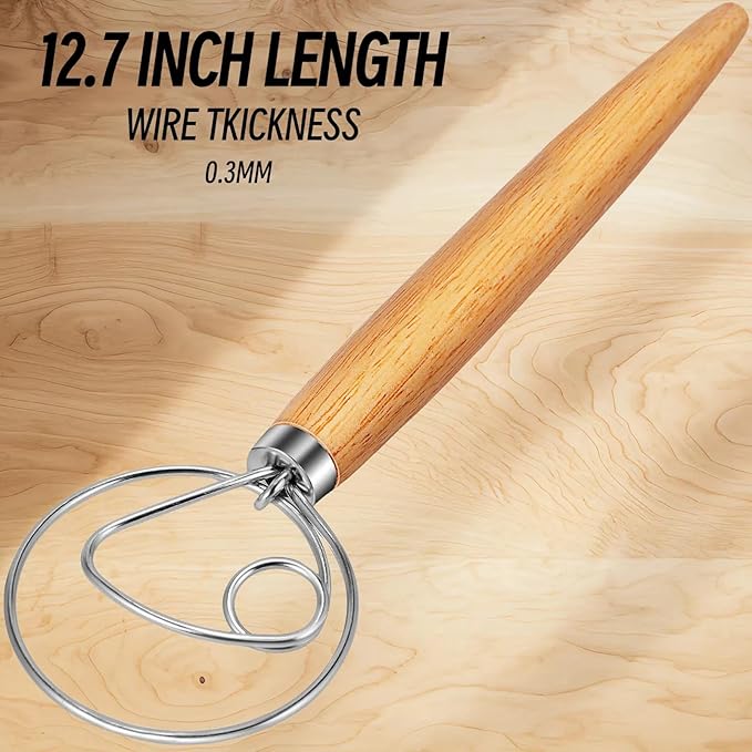 TEEVEA Danish Dough Whisk for Bread Sourdough, Wooden Handle & Stainless Steel Hook - Image 8