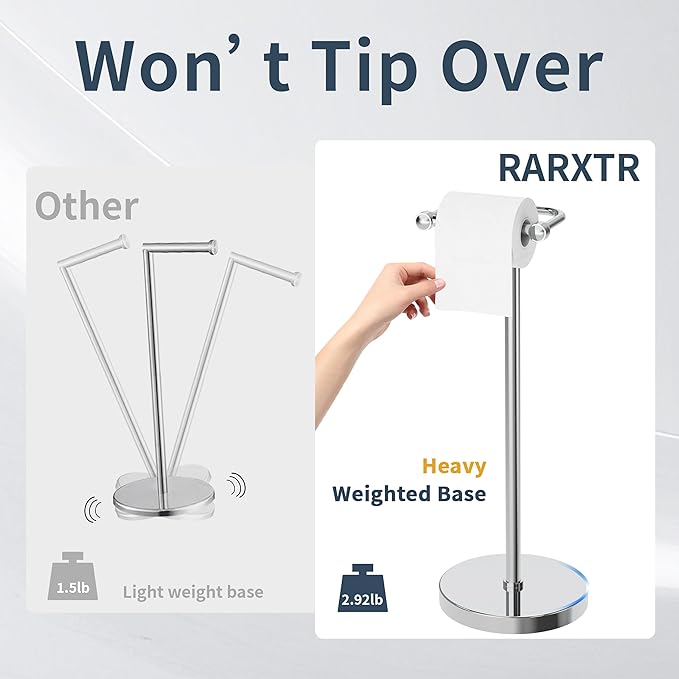 RARXTR Toilet Paper Holder Stand, Post Pivoting Design Free Standing Toilet Paper Holder, SUS304 Stainless Steel Toilet Paper Roll Holder, Heavy Stable Base (Chrome)
