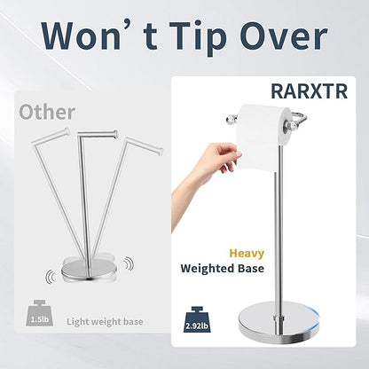 RARXTR Toilet Paper Holder Stand, Post Pivoting Design Free Standing Toilet Paper Holder, SUS304 Stainless Steel Toilet Paper Roll Holder, Heavy Stable Base (Chrome)