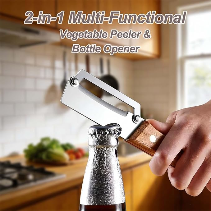 2PCS Premium Vegetable Peeler with Wooden Handle and Bottle Opener, Multi-Functional Vegetable Peeler, Stainless Steel Blade Kitchen Tool for Fruit - Image 4