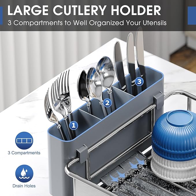 Urackify Stainless Steel Dish Drying Rack - Large Capacity Kitchen Counter Organizer with Drain Board, Utensil Holder & Detachable Cup Shelf, 304 Surgical-Grade Rust-Proof Dish Drainer, Easy Assembly - Image 3