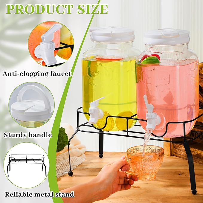 Teenyyou 2 Pcs Plastic Drink Dispensers for Parties Beverage Dispenser with Stand and Spigot Juice Lemonade Jars with Lid for Countertop Party Bar Picnics Water Tea, 2 Gallons Total