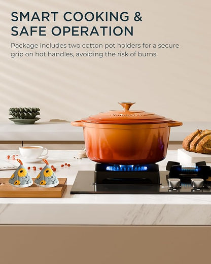Enameled Cast Iron Dutch Oven - 6QT Dutch Oven Pot with Lid & Cotton Potholders - Heavy-Duty Non Stick Casserole Pot for Braising, Stews, Roasting, Baking, Suitable for All Stovetops, Vibrant Orange - Image 7