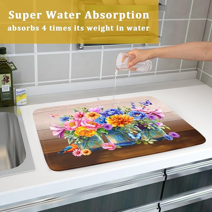 Spring Summer Flowers Dish Drying Mat for Kitchen Counter 18x24in Vintage Colorful Floral Kitchen Drying Mat Soft Absorbent Microfiber Farmhouse Flowers Dish Drainer Rack Mats for Kitchen Countertops