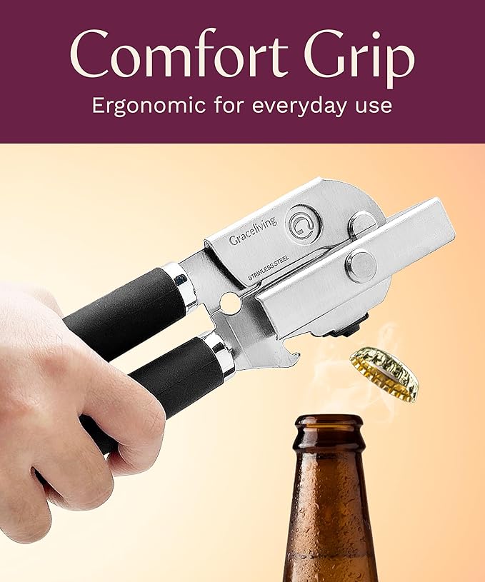 Premium Multifunction Magnetic Manual Can Opener and Bottle Opener, Heavy Duty Stainless Steel Sharp Cutting Blade and Oversized Easy Turn Knob, Soft-Touch Handle, Kitchen Use, Black - Image 8