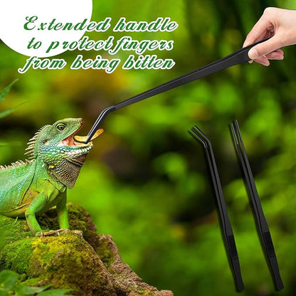 Lasnten 2 Pcs Extra Long Stainless Steel Reptile Feeding Tongs with Rubber Tip 18.5 Inch, 18.9 Inch Bearded Dragon Aquarium Straight and Curved Long Tweezer Terrarium Feeder Tool for Tank(Black)