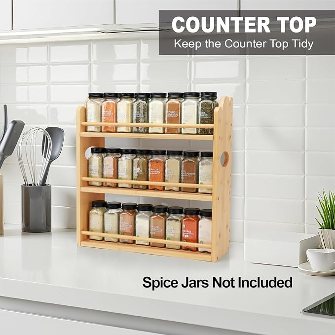 3 Tier Bamboo Spice Rack, Spice Rack Organizer, Seasoning Jars Rack Shelf Spice Organizer for Kitchen Counter or Wall Mounting, Spice Storage Holder with handles, Jars Not Included,Natural - Image 3