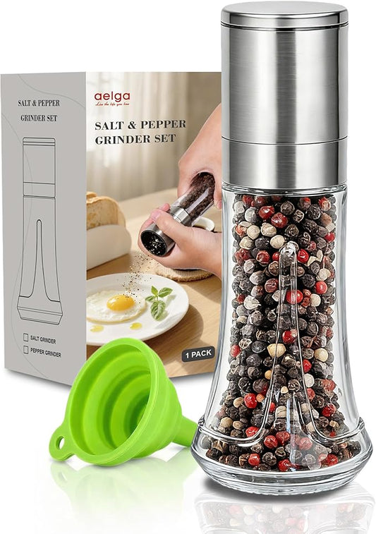 Aelga Pepper Grinder with Silicone Funnel - 4oz Glass Manual Mills with Adjustable Ceramic Core, Refillable Kitchen Gadget by Aelga