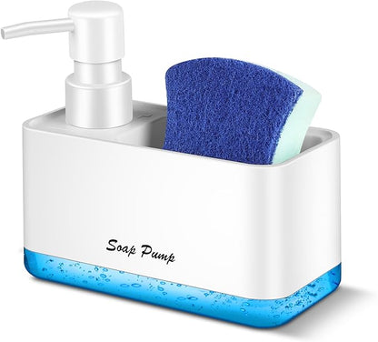 Dish Soap Dispenser with Sponge Holder, 2-in-1 Countertop Small Soap Dispenser for Kitchen and Bathroom, Multi-Scene for Dish Soap, Hand Soap, Lotion, Body Wash (White) by Eavida