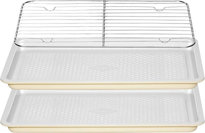 Nonstick Ceramic Baking Sheet With Rack, 2-Pack 15x10 Jelly Roll Sheet Pan, Non-Toxic, PTFE & PFOA Free, Warp-Free, Oven Safe 550°F, Dishwasher Safe, Aluminized Steel, Gray Yellow